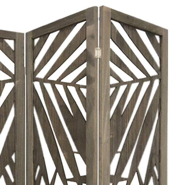 3 Panel Wooden Screen with Laser Cut Tropical Leaf Design, Gray