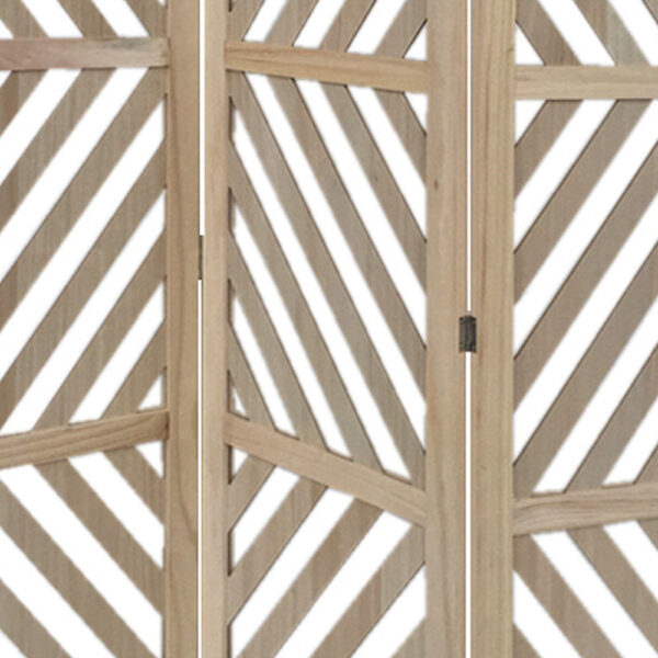 3 Panel Wooden Frame Screen with Diagonal Cut Slats, Natural Brown