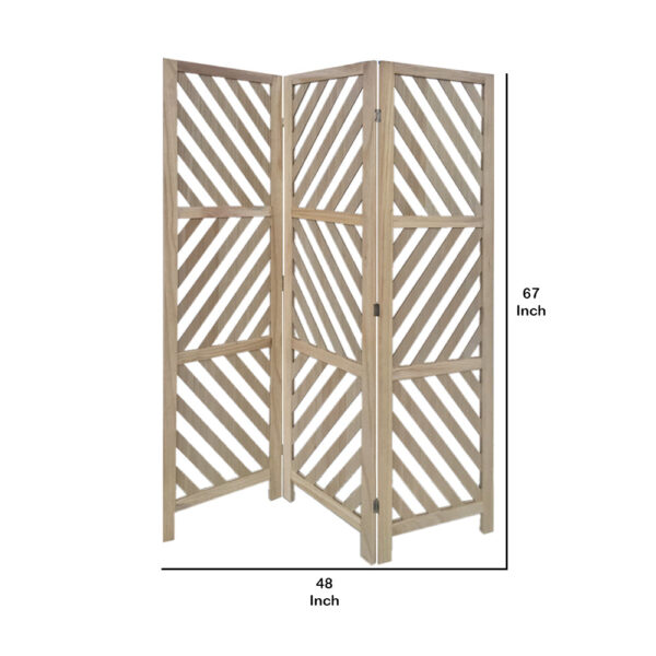 3 Panel Wooden Frame Screen with Diagonal Cut Slats, Natural Brown