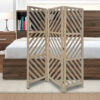 3 Panel Wooden Frame Screen with Diagonal Cut Slats, Natural Brown