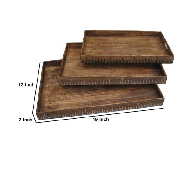 Wooden Tray with Grain Details and Cut Out Handles, Set of 3, Brown