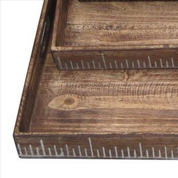 Rough Sawn Textured Rectangular Wooden Ruler Tray, Set of 3, Brown