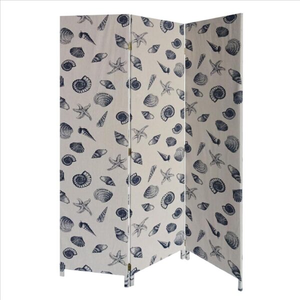 71 Inch 3 Panel Fabric Room Divider with Seashell Print, Blue