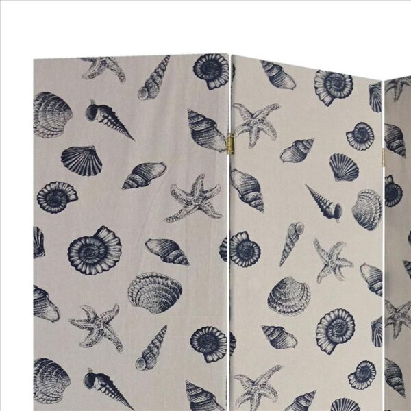 71 Inch 3 Panel Fabric Room Divider with Seashell Print, Blue