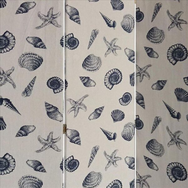 71 Inch 3 Panel Fabric Room Divider with Seashell Print, Blue