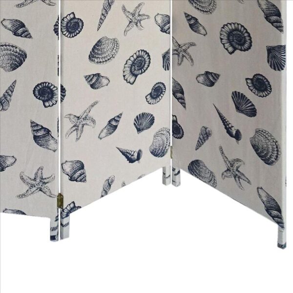 71 Inch 3 Panel Fabric Room Divider with Seashell Print, Blue