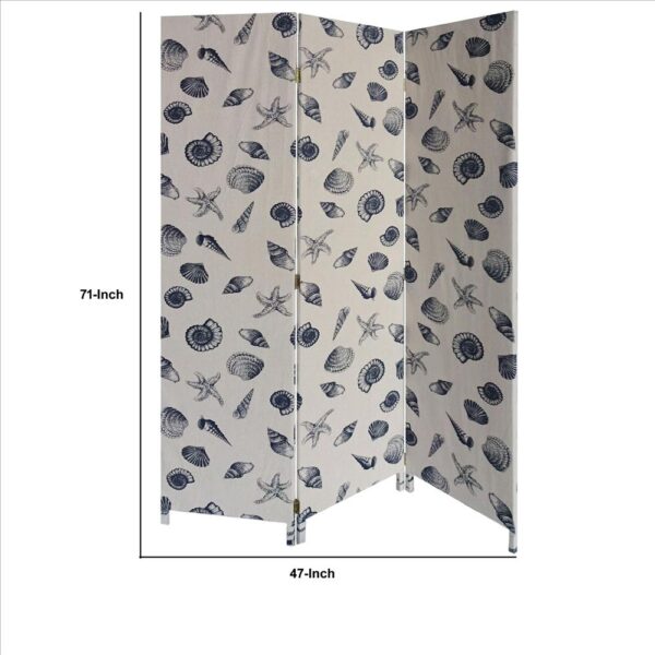 71 Inch 3 Panel Fabric Room Divider with Seashell Print, Blue