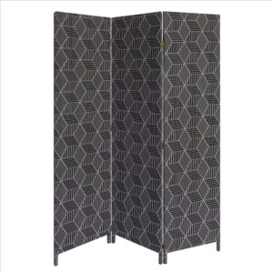 71 Inch 3 Panel Fabric Room Divider with Geometric Print, Black
