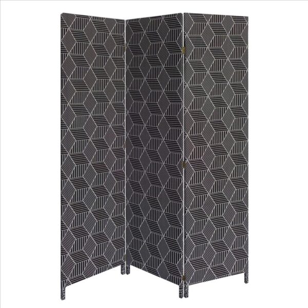 71 Inch 3 Panel Fabric Room Divider with Geometric Print, Black
