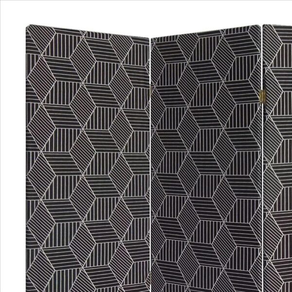 71 Inch 3 Panel Fabric Room Divider with Geometric Print, Black