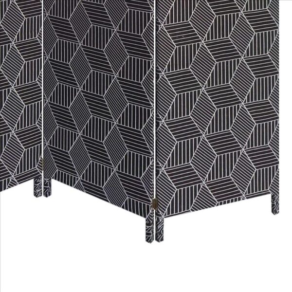 71 Inch 3 Panel Fabric Room Divider with Geometric Print, Black