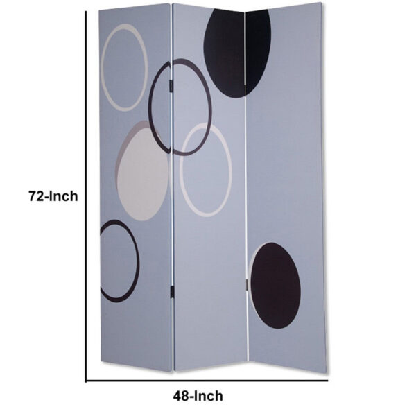 3 Panel Room Divider with Overlapping Circles Pattern, Black and Gray