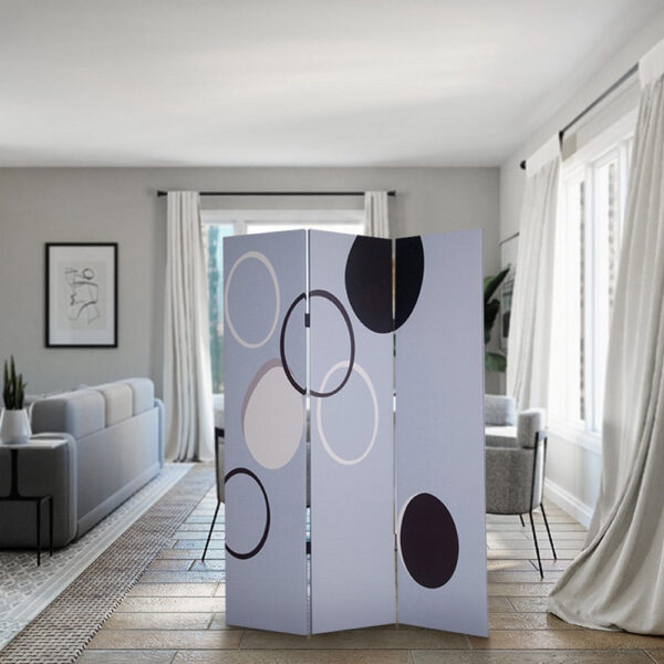 3 Panel Room Divider with Overlapping Circles Pattern, Black and Gray