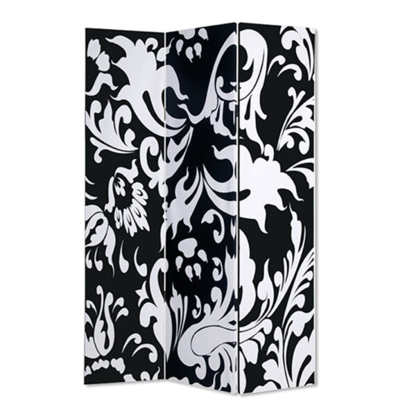 3 Panel Foldable Room Divider with Filigree Design, Black and White