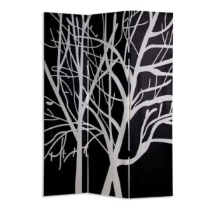 3 Panel Canvas Room Divider with Branch Pattern, Black and White