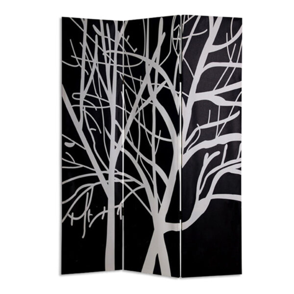 3 Panel Canvas Room Divider with Branch Pattern, Black and White