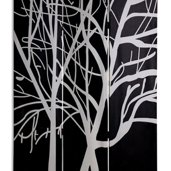 3 Panel Canvas Room Divider with Branch Pattern, Black and White