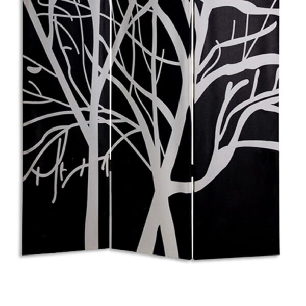 3 Panel Canvas Room Divider with Branch Pattern, Black and White