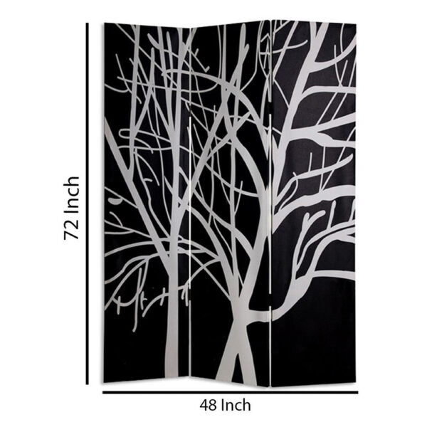3 Panel Canvas Room Divider with Branch Pattern, Black and White