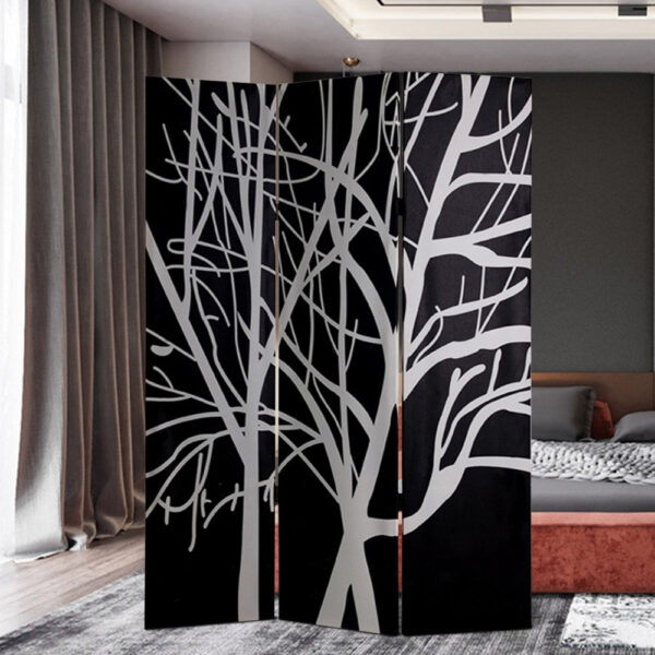3 Panel Canvas Room Divider with Branch Pattern, Black and White