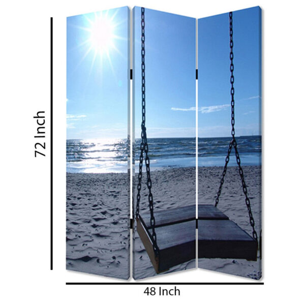 Wooden 3 Panel Room Divider with Seaside Screen Pattern, Blue and Gray