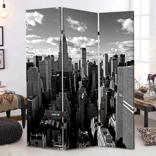 3 Panel Foldable Screen with New York Skyline Print, Black and White