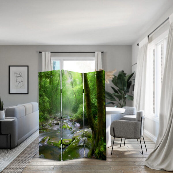 3 Panel Foldable Canvas Screen with Rainforest Print, Green