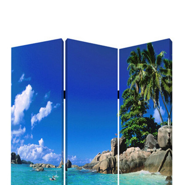 3 Panel Foldable Canvas Screen with Exotic Oceanside Print, Multicolor