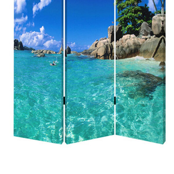 3 Panel Foldable Canvas Screen with Exotic Oceanside Print, Multicolor