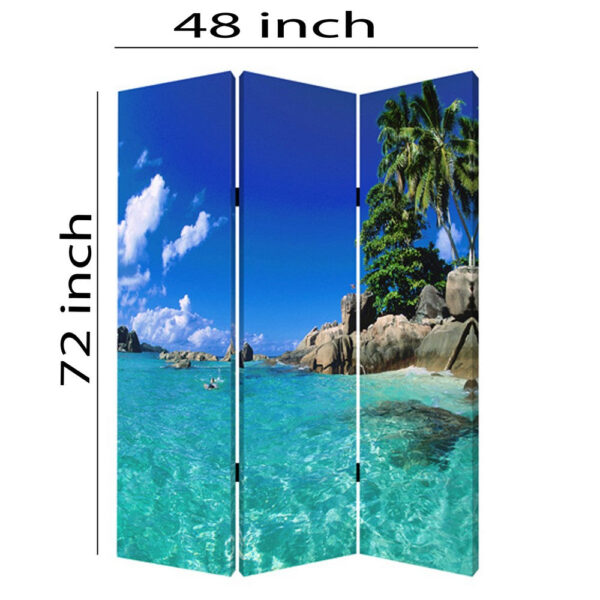 3 Panel Foldable Canvas Screen with Exotic Oceanside Print, Multicolor