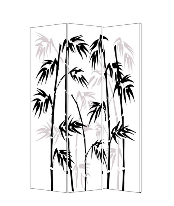 3 Panel Foldable Canvas Bamboo Leaf Print Screen, Black and White