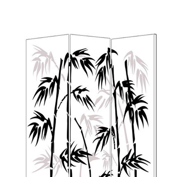 3 Panel Foldable Canvas Bamboo Leaf Print Screen, Black and White