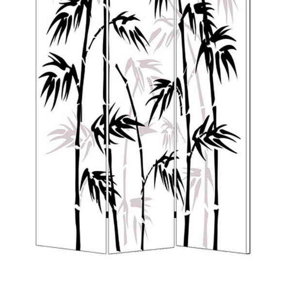3 Panel Foldable Canvas Bamboo Leaf Print Screen, Black and White