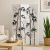 3 Panel Foldable Canvas Bamboo Leaf Print Screen, Black and White