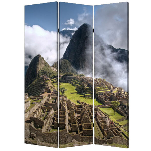 3 Panel Foldable Canvas Screen with Machu Picchu Print, Multicolor