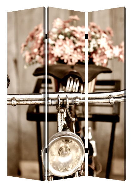 3 Panel Flowers and Cycle Print Foldable Room Divider, Pink and Brown