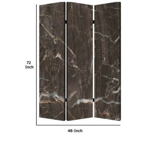 3 Panel Marble Print Canvas Room Divider, Dark Brown