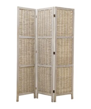 Cottage Style 3 Panel Room Divider with Willow Weaving, Gray