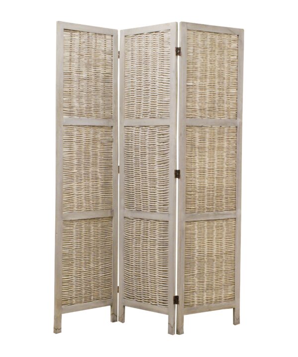 Cottage Style 3 Panel Room Divider with Willow Weaving, Gray