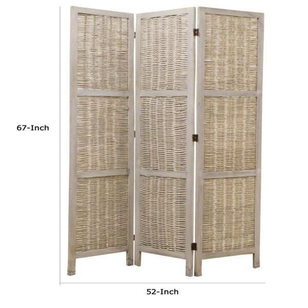 Cottage Style 3 Panel Room Divider with Willow Weaving, Gray
