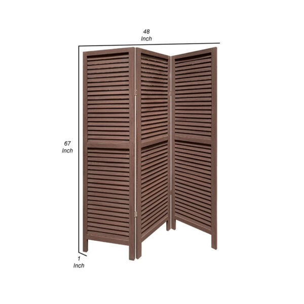 67 Inch 3 Panel Shutter Screen Room Divider, Fitted Slats, Washed Brown