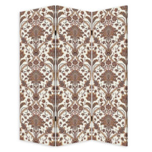 72 Inch 3 Panel Canvas Screen Room Divider, Dual Sided Baroque, White Brown
