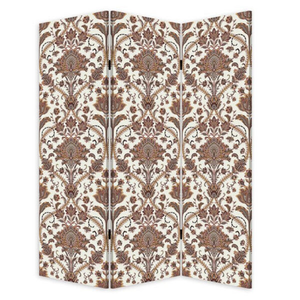 72 Inch 3 Panel Canvas Screen Room Divider, Dual Sided Baroque, White Brown