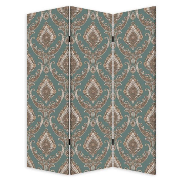 72 Inch 3 Panel Canvas Screen Room Divider, Dual Sided Baroque, White Brown