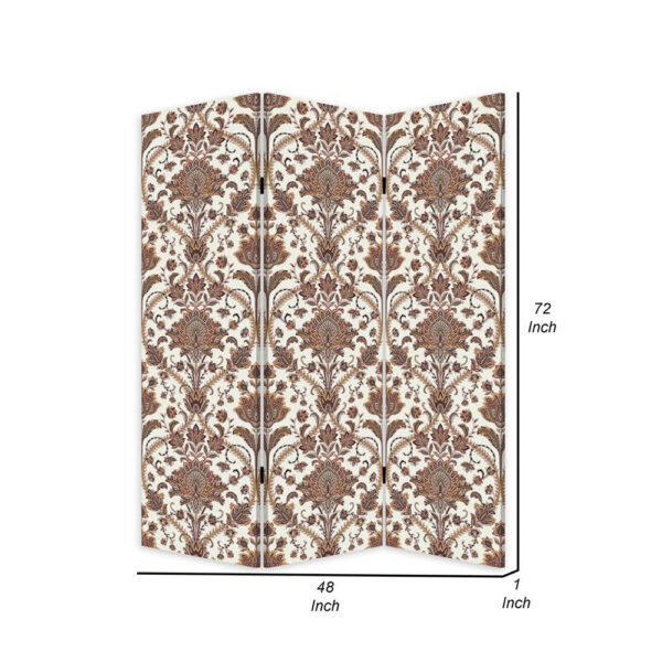 72 Inch 3 Panel Canvas Screen Room Divider, Dual Sided Baroque, White Brown