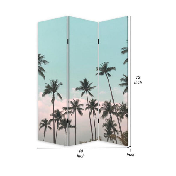 72 Inch 3 Panel Canvas Foldable Room Divider, Blue Sky, Palm Trees, Black