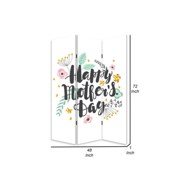 72 Inch 3 Panel Canvas Room Divider, Black Painted Mothers Day, White