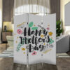 72 Inch 3 Panel Canvas Room Divider, Black Painted Mothers Day, White