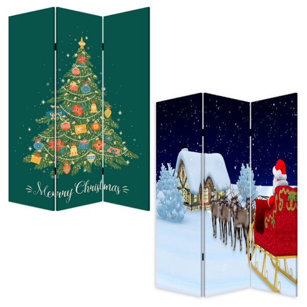 72 Inch 3 Panel Canvas Screen Room Divider, Painted Christmas Tree, Green