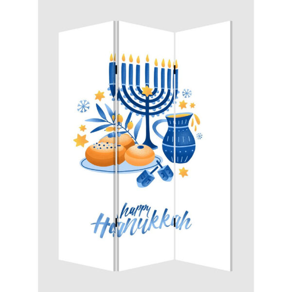 72 Inch 3 Panel Canvas Foldable Room Divider, Hanukkah Symbol, Multicolor